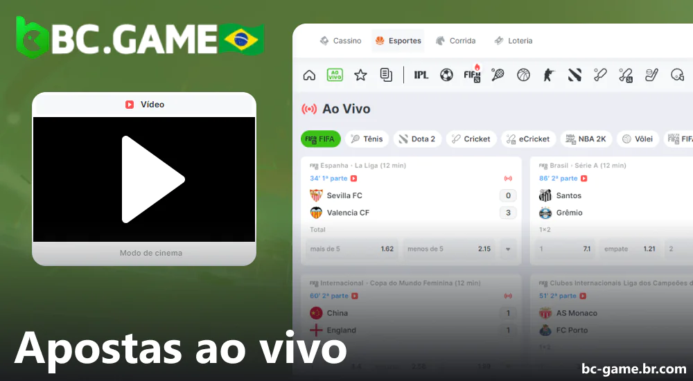 Opções de apostas ao vivo disponíveis no BC Game no Brasil