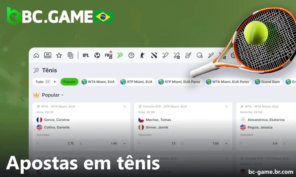 Opções de apostas em tênis disponíveis no BC Game no Brasil