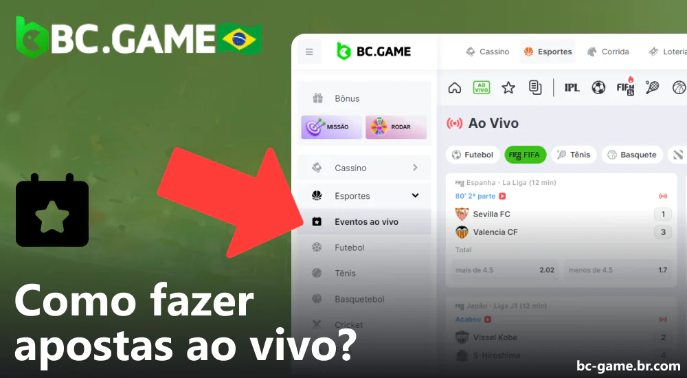 Instruções sobre como fazer apostas ao vivo no BC Game Brasil