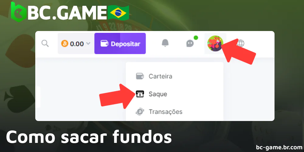 Instruções sobre como sacar fundos do aplicativo móvel da BC Game no Brasil
